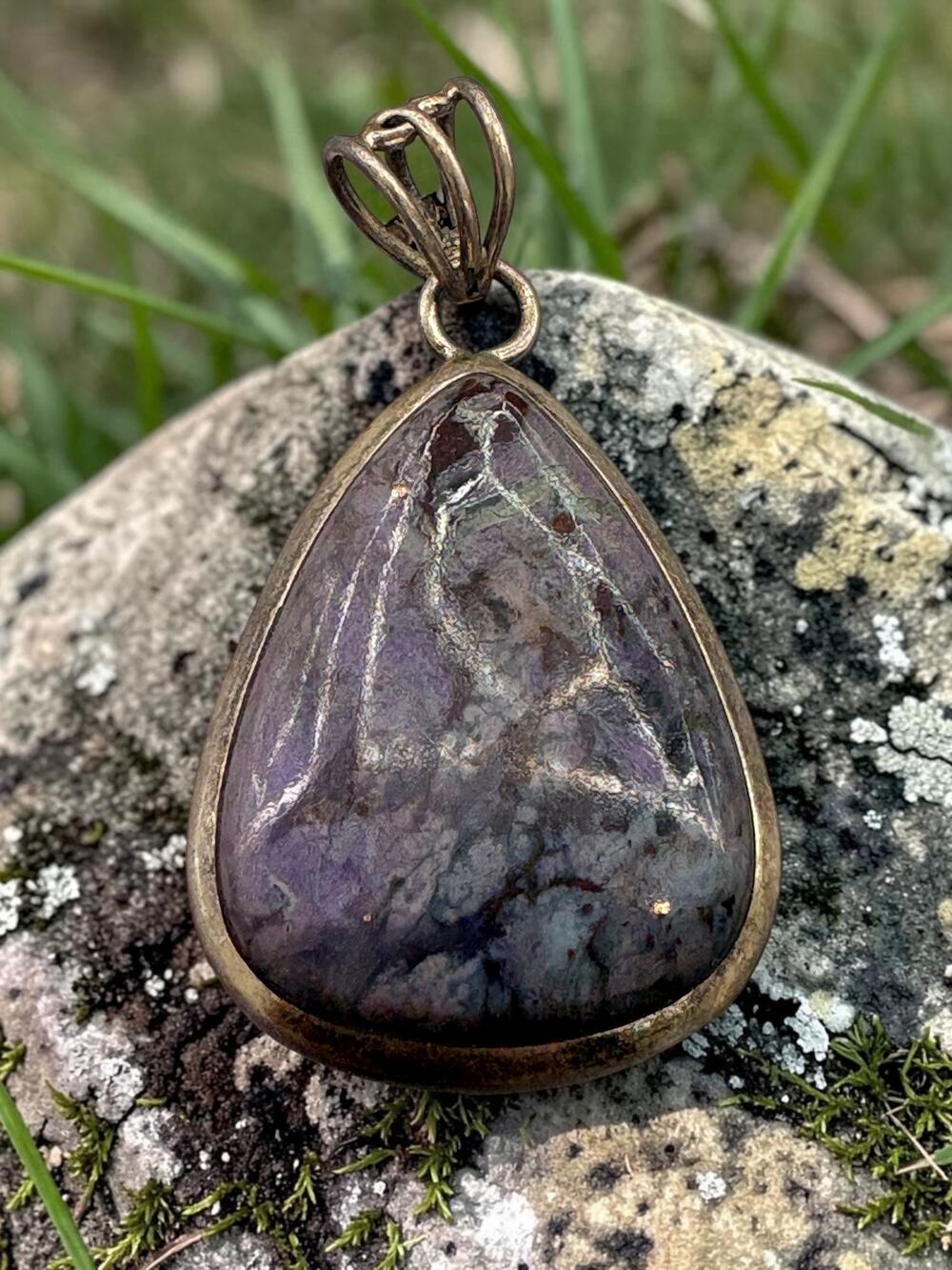 Vintage Sterling Silver Teardrop Jasper Purple Grey Mottled Pendant Bezel Set Ca